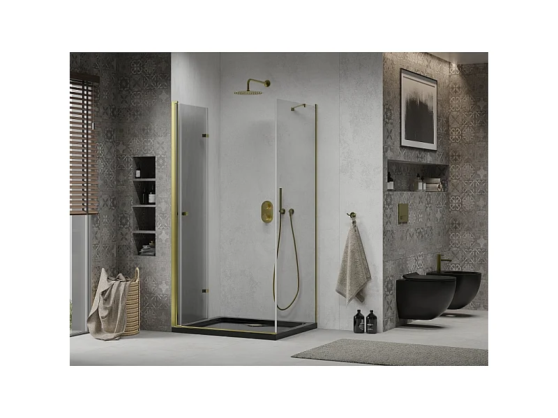 Mexen Lima cabine de douche pliable 90 x 100 cm, transparent, or + receveur Flat, noir - 856-090-100-50-00-4070G