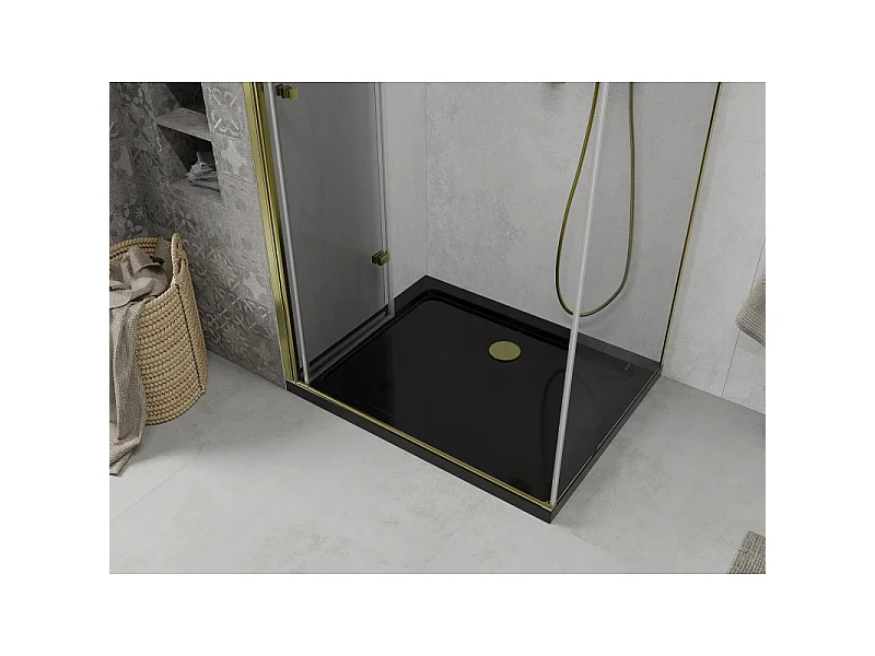 Mexen Lima cabine de douche pliable 90 x 100 cm, transparent, or + receveur Flat, noir - 856-090-100-50-00-4070G
