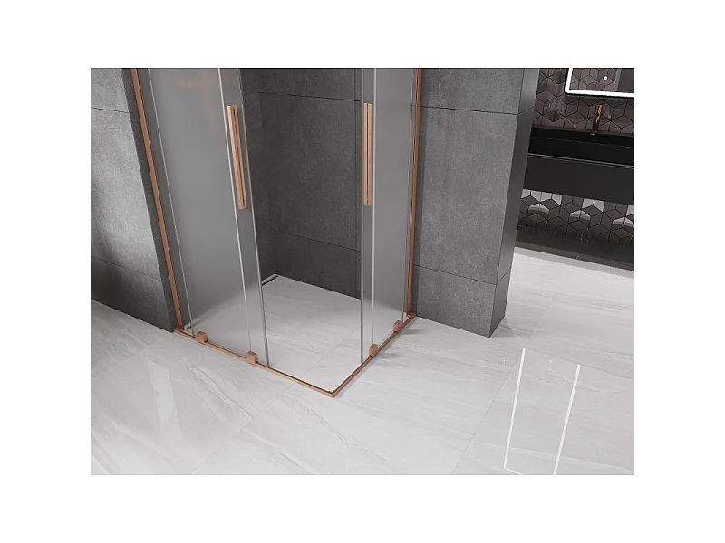Mexen Velar L Duo schuifdouchecabine 90 x 80 cm, matglas, geborsteld koper - 871-090-080-02-33-65