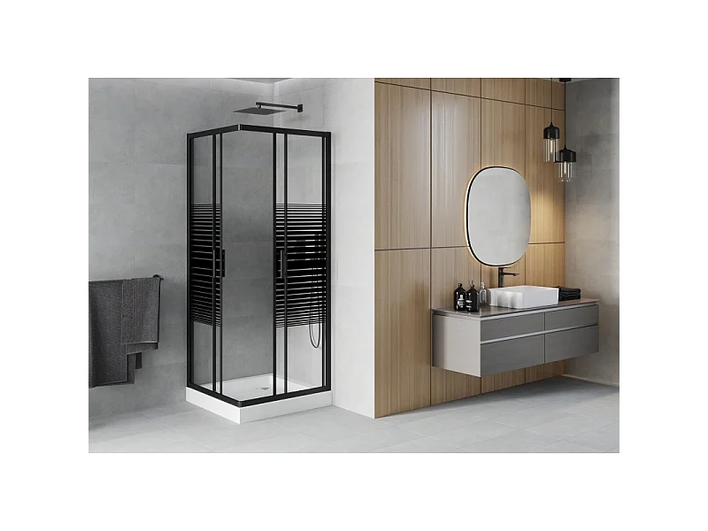 Mexen Rio vierkante douchecabine 70 x 70 cm, zwarte strepen, zwart + douchebak, wit - 860-070-070-70-20-4510