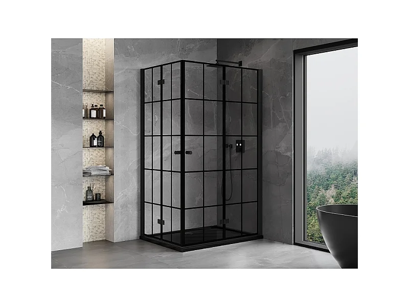 Mexen Mist-F Duo cabine de duche dobrável direita 70 x 85 cm, padrão quadriculado preto, preto - 8A6-070L-085P-70-77