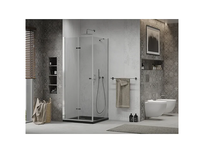 Mexen Lima sammenfoldeligt brusekabine 80 x 80 cm, transparent, krom + Flat brusekar, sort - 856-080-080-01-00-4070