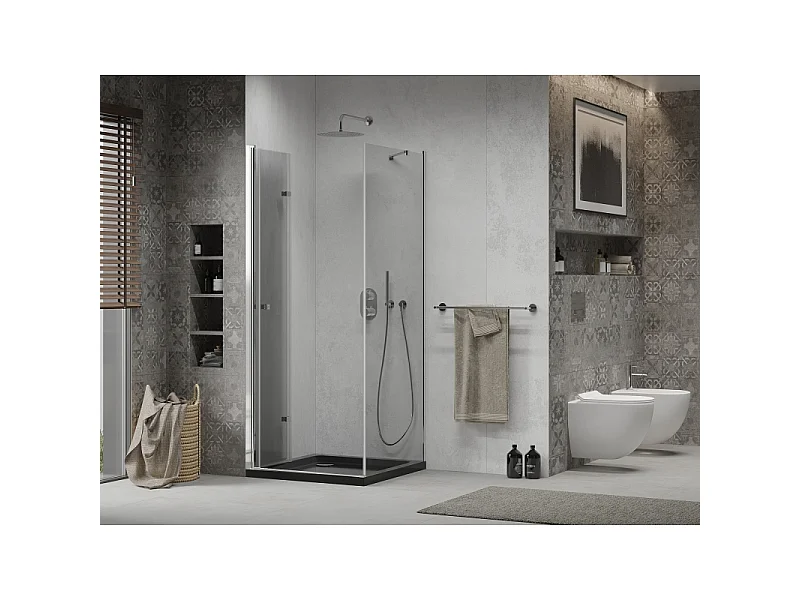 Mexen Lima sammenfoldeligt brusekabine 80 x 80 cm, transparent, krom + Flat brusekar, sort - 856-080-080-01-00-4070