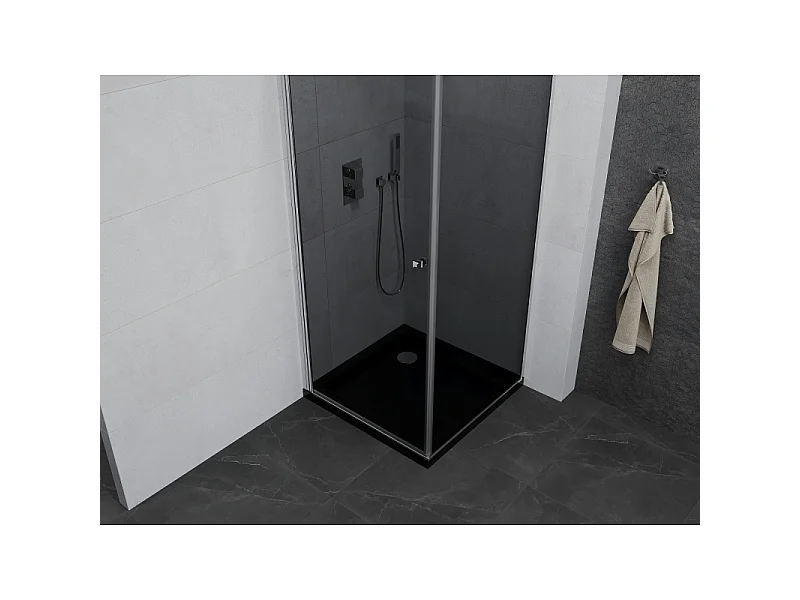 Mexen Pretoria cabine de douche pivotante 90 x 90 cm, graphite, chrome + receveur Flat, noir - 852-090-090-01-40-4070