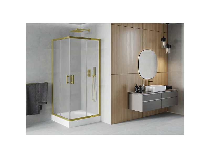Mexen Rio cabina de ducha cuadrada 90 x 90 cm, escarchada, dorada + base de ducha, blanca - 860-090-090-50-30-4510