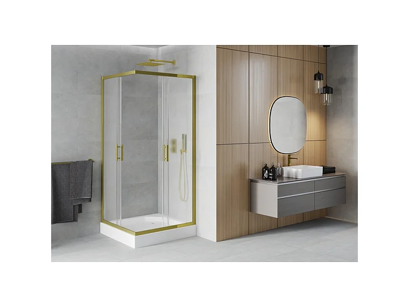 Mexen Rio cabina de ducha cuadrada 90 x 90 cm, escarchada, dorada + base de ducha, blanca - 860-090-090-50-30-4510