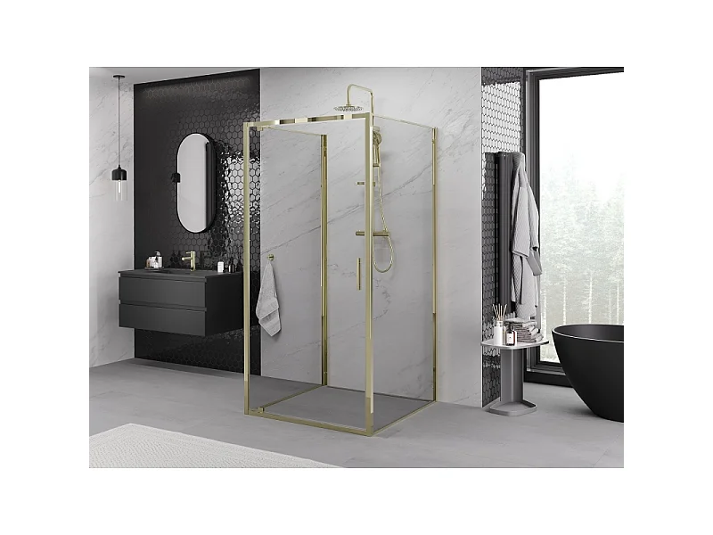 Mexen Exo-3S Dreiwand-Duschkabine, schwenkbar 90 x 90 cm, transparent, gold - 8181-090-090-50-00-3S