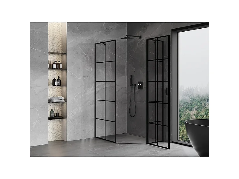Mexen Mist asymmetrisk femkantet brusekabine med højre hængseldør 80 x 100 cm, sort gitter, sort - 8A8-080-100-70-77-P