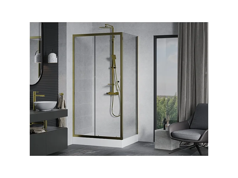 Mexen Apia cabine de douche coulissante 100 x 80 cm, transparent, or + receveur de douche Rio - 840-100-080-50-00-4510