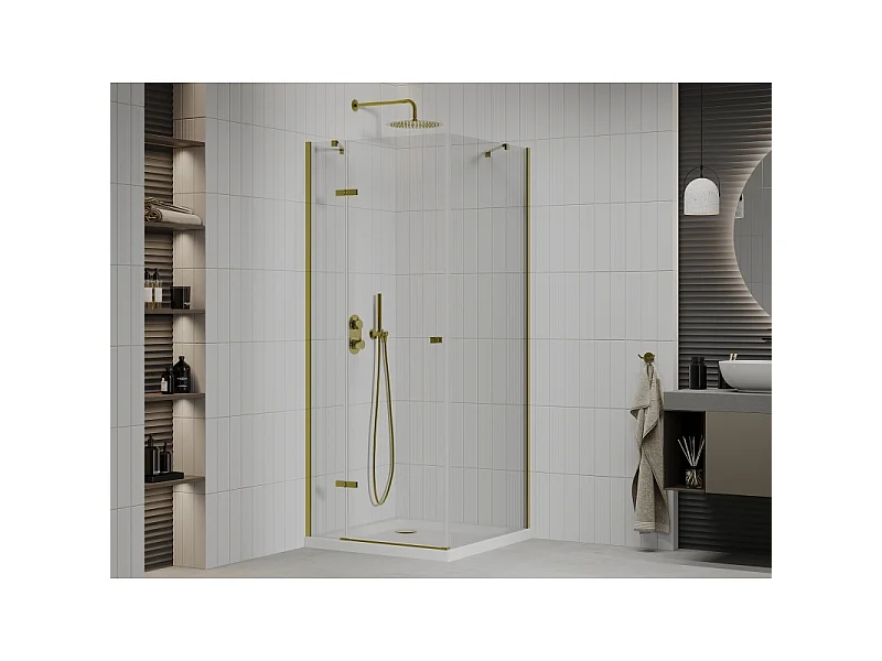 Mexen Roma svingbar brusekabine 70 x 70 cm, transparent, guld + flad brusekar - 854-070-070-50-00-4010