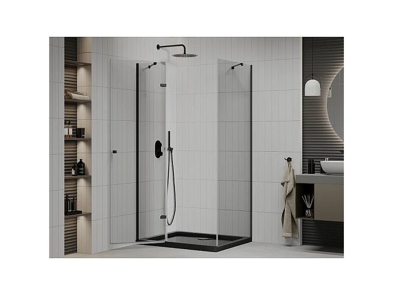 Mexen Roma draaibare douchecabine 80 x 100 cm, transparant, zwart + Flat douchebak, zwart - 854-080-100-70-00-4070B
