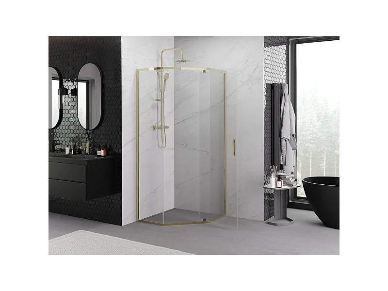 Mexen Exo femkantet brusekabine, svingdør 80 x 80 cm, transparent, guld - 812-080-080-50-00