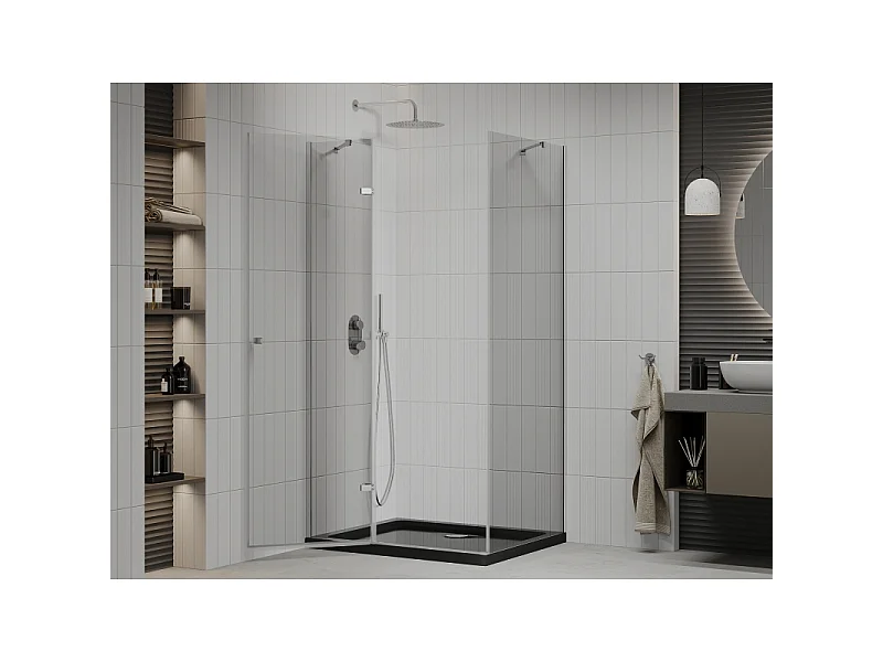 Mexen Roma duschkabine med hængslet dør 80 x 120 cm, transparent, krom + Flat bundkar, sort - 854-080-120-01-00-4070