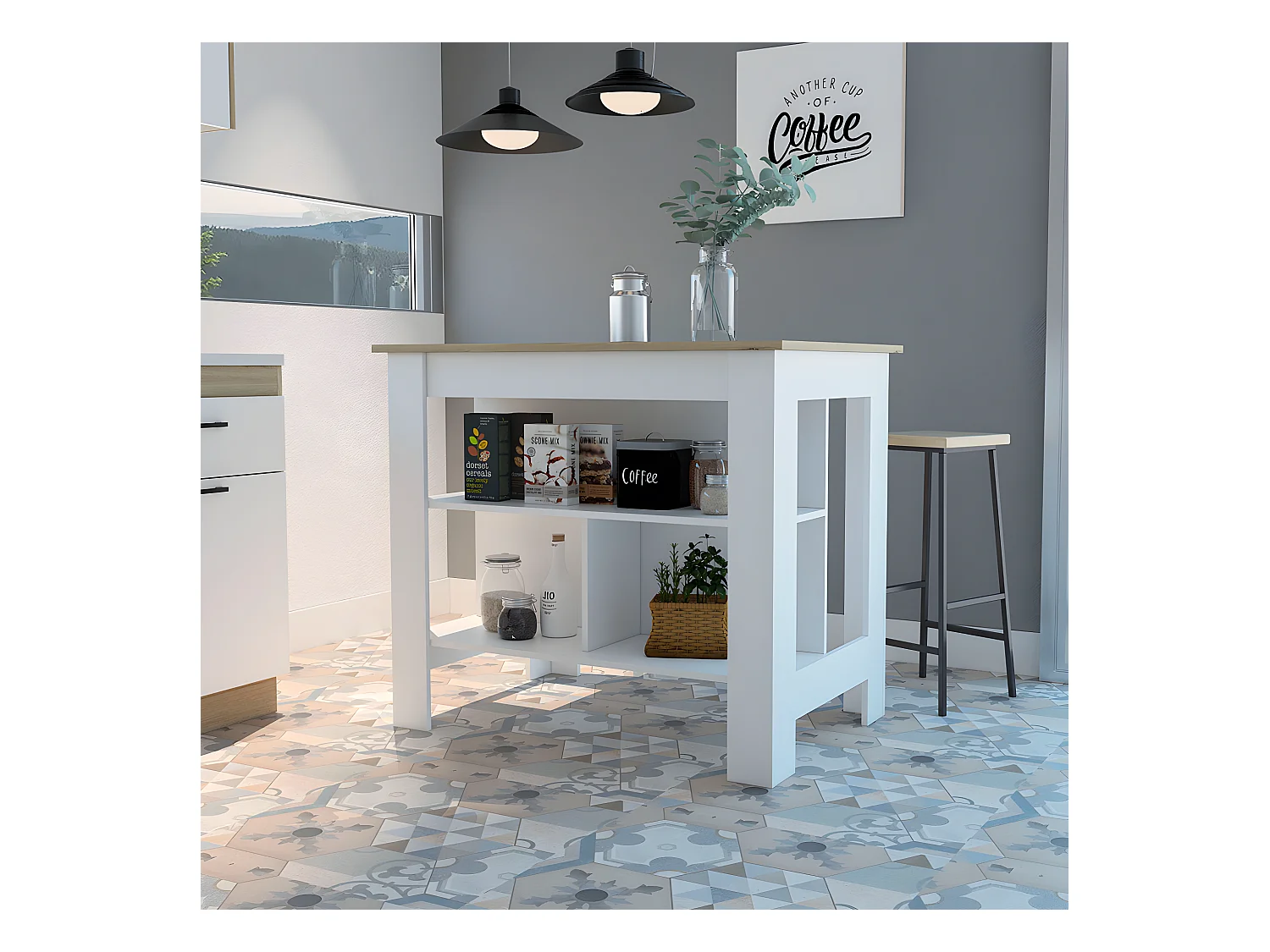 Isola da cucina Cala, tre ripiani e quattro gambe 90 CM H X 103 CM L X 70 CM P. Bianco / Duna