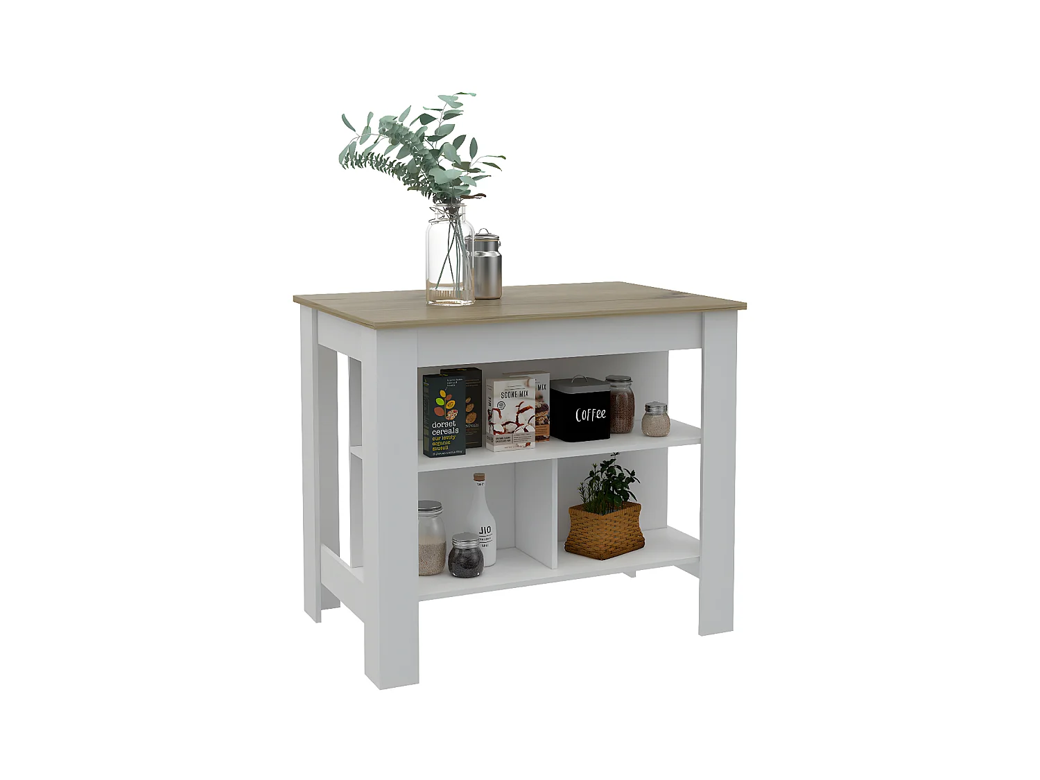 Îlot de cuisine Cala, trois étagères et quatre pattes, 90 cm à x 103 cm le x 70 cm P, blanc / Chêne clair