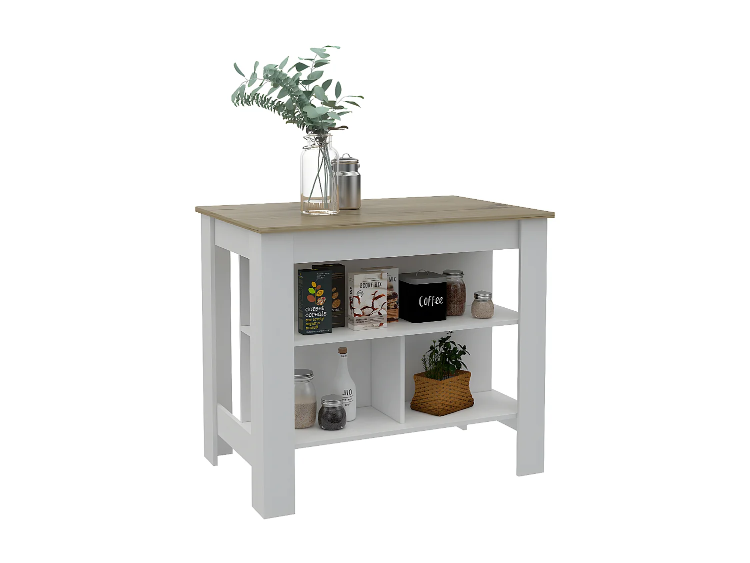 Isola da cucina Cala, tre ripiani e quattro gambe 90 CM H X 103 CM L X 70 CM P. Bianco / Duna