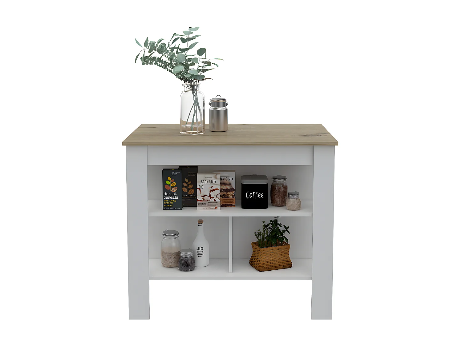 Isola da cucina Cala, tre ripiani e quattro gambe 90 CM H X 103 CM L X 70 CM P. Bianco / Duna