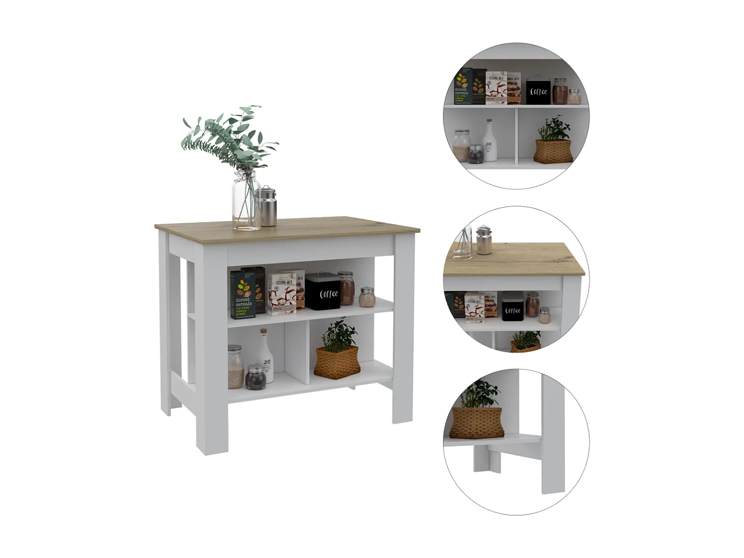 Isola da cucina Cala, tre ripiani e quattro gambe 90 CM H X 103 CM L X 70 CM P. Bianco / Duna