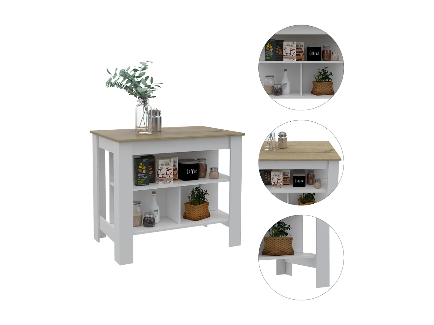 Isola da cucina Cala, tre ripiani e quattro gambe 90 CM H X 103 CM L X 70 CM P. Bianco / Duna