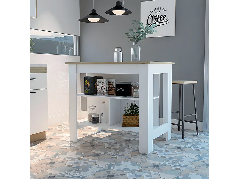 Isola da cucina Cala, tre ripiani e quattro gambe 90 CM H X 103 CM L X 70 CM P. Bianco / Duna