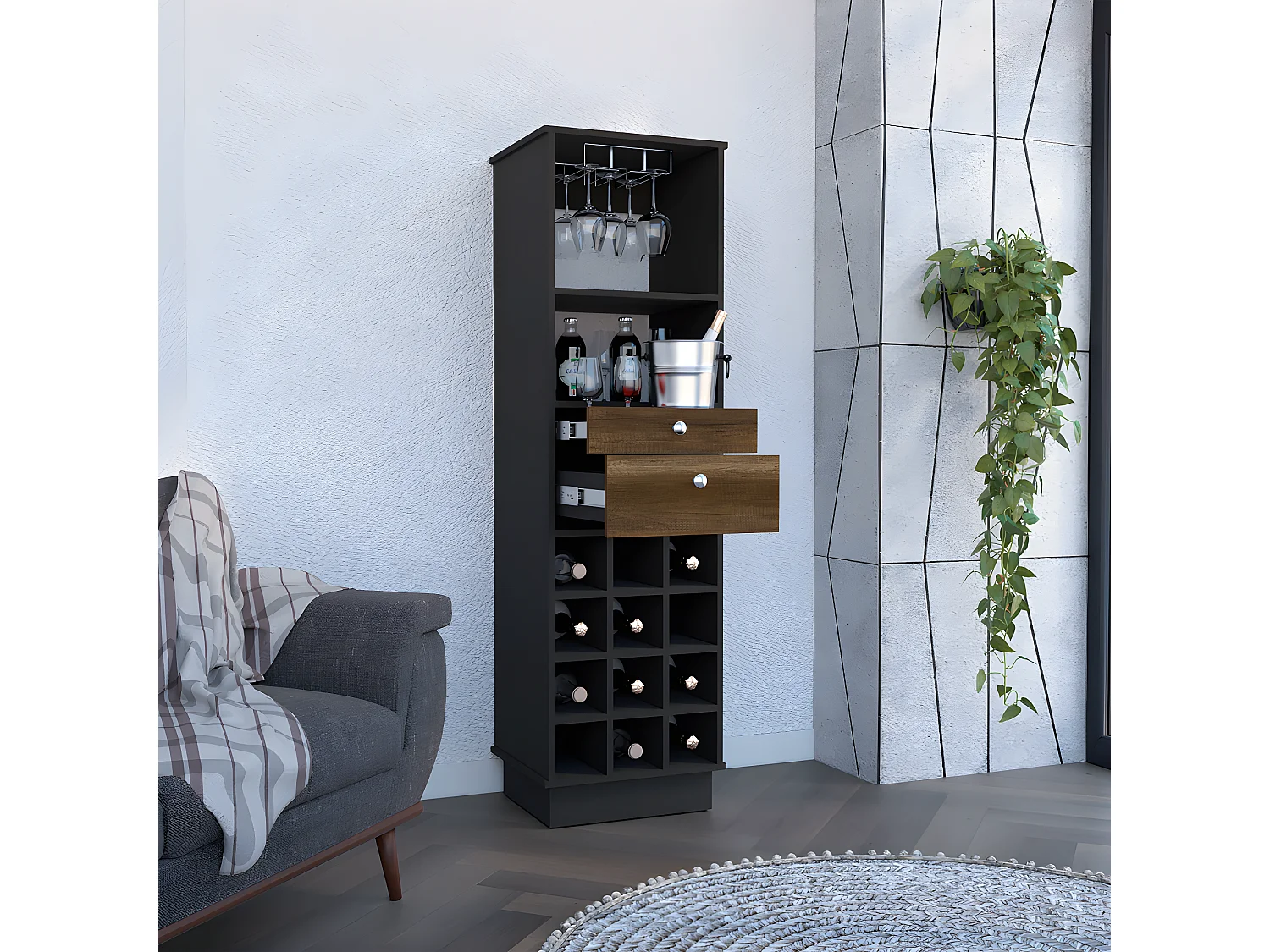 Meubles de bar classiques avec cubes de bouteilles, 160,6 cm à x 46,4 cm le x 40 cm P, caramel / wengue