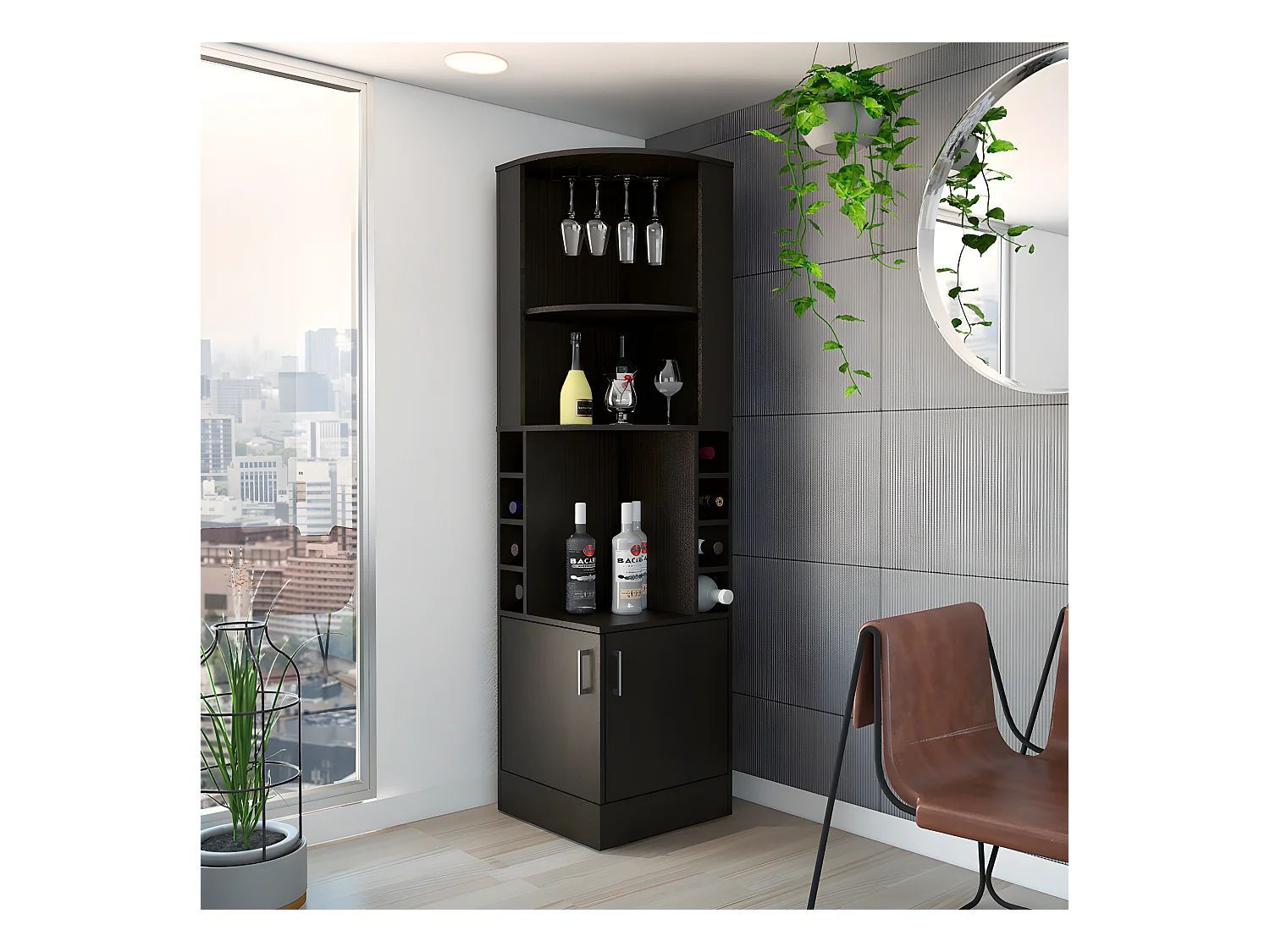Meuble bar d'angle en mélamine Syrah avec quatre étagères, huit casiers à bouteilles et porte-verre , Noir  180.6 X 46,9 X 46.9 cm
