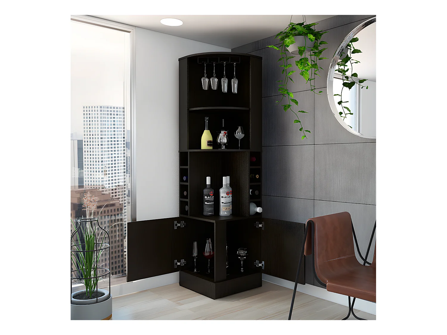 Meuble bar d'angle en mélamine Syrah avec quatre étagères, huit casiers à bouteilles et porte-verre , Noir  180.6 X 46,9 X 46.9 cm