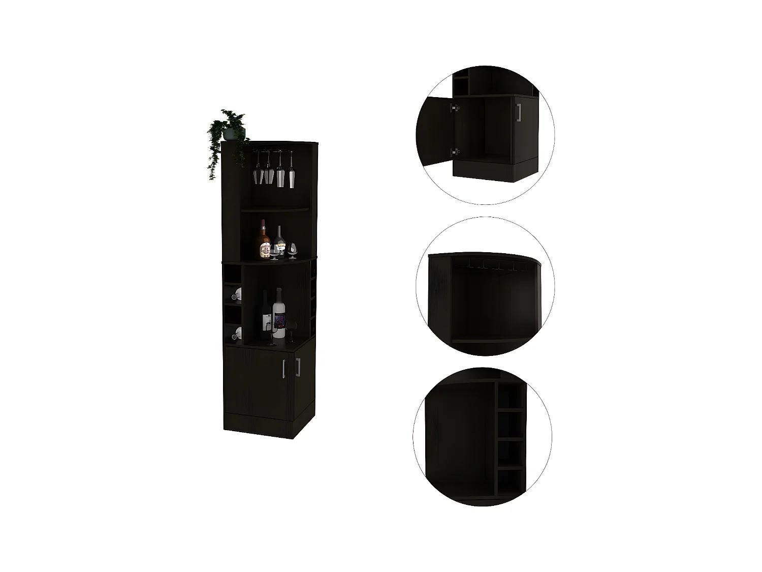 Meuble bar d'angle en mélamine Syrah avec quatre étagères, huit casiers à bouteilles et porte-verre , Noir  180.6 X 46,9 X 46.9 cm