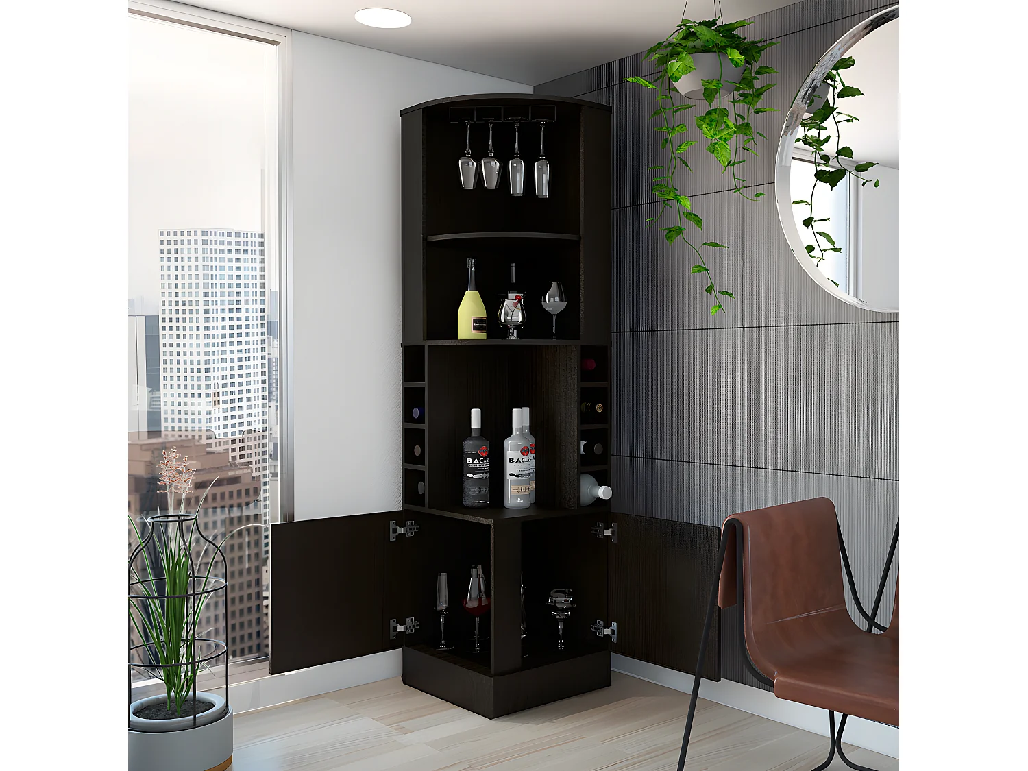 Mobile bar angolare Syrah, con portabicchieri 180,6CM L X 46,9CM A X 46,9CM L X 46,9CM P Nero