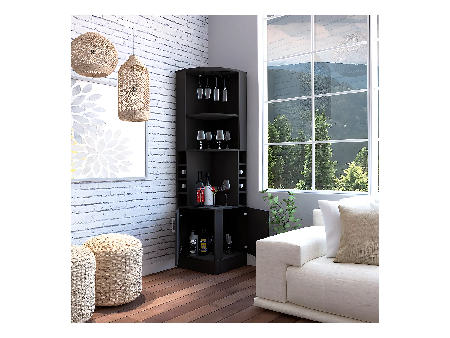 Mobile bar angolare Kava Beijing, con portabottiglie 180,6CM L X 46,9CM A X 46,9CM L X 46,9CM P Nero