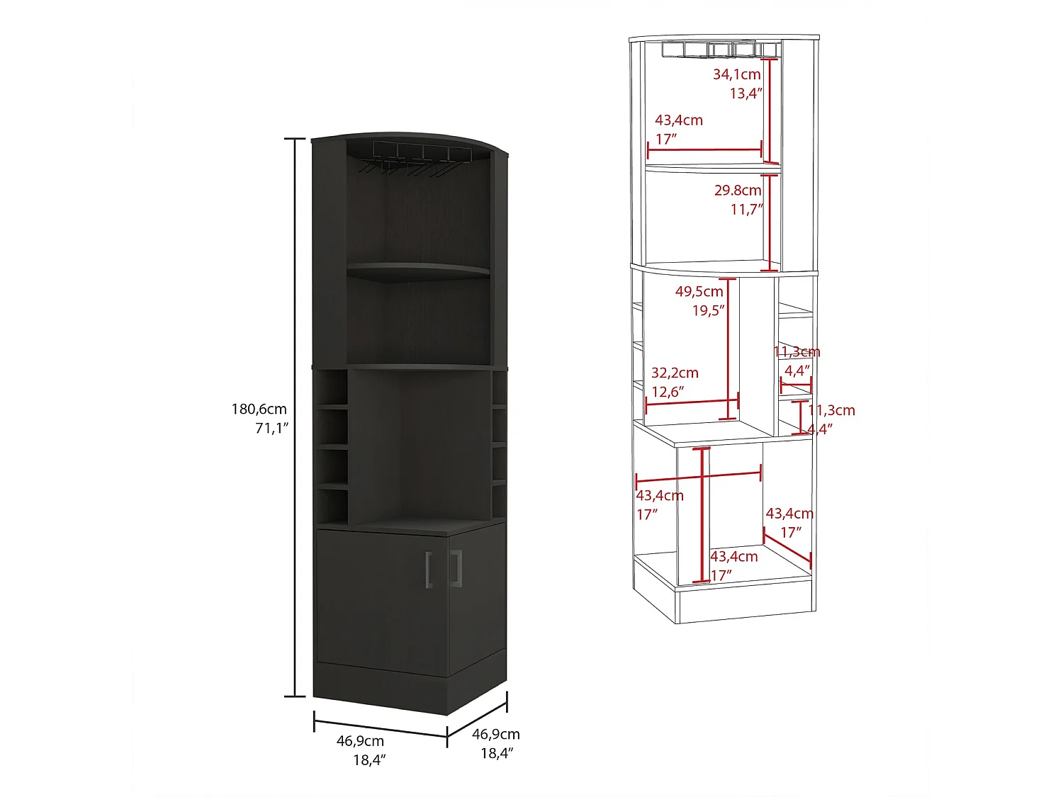 Móvel bar de canto Kava Beijing de 181 cm com garrafeira, porta-copos e 2 portas, wengué
