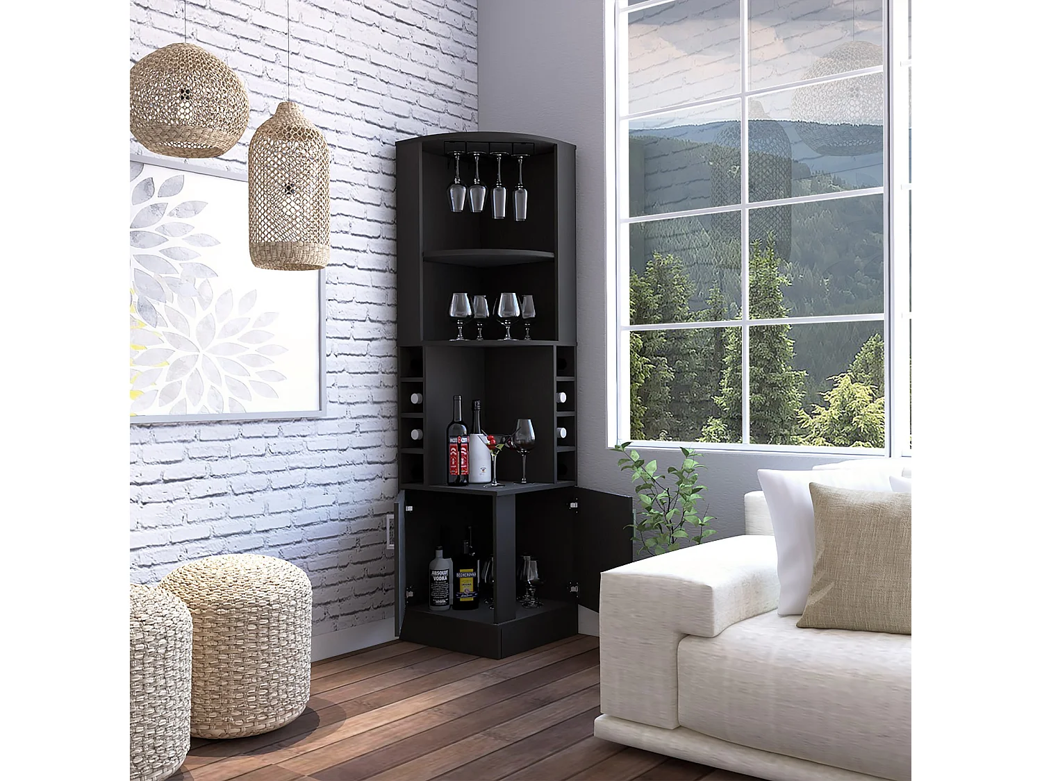 Móvel bar de canto Kava Beijing de 181 cm com garrafeira, porta-copos e 2 portas, wengué