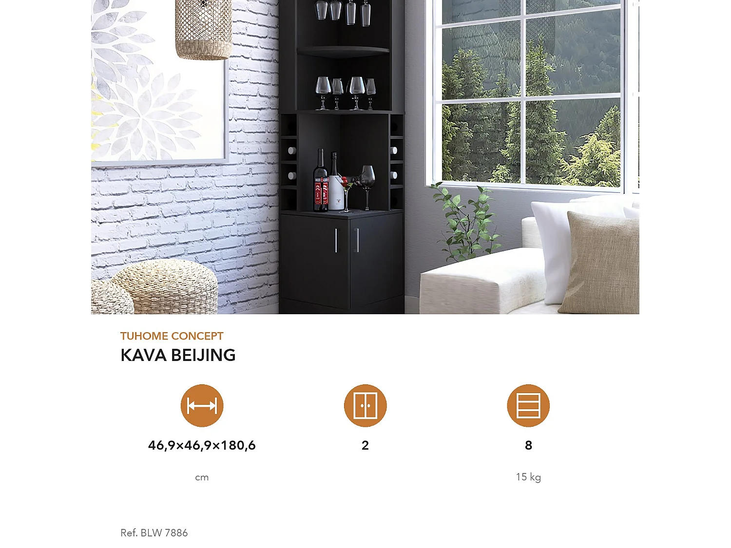 Móvel bar de canto Kava Beijing de 181 cm com garrafeira, porta-copos e 2 portas, wengué
