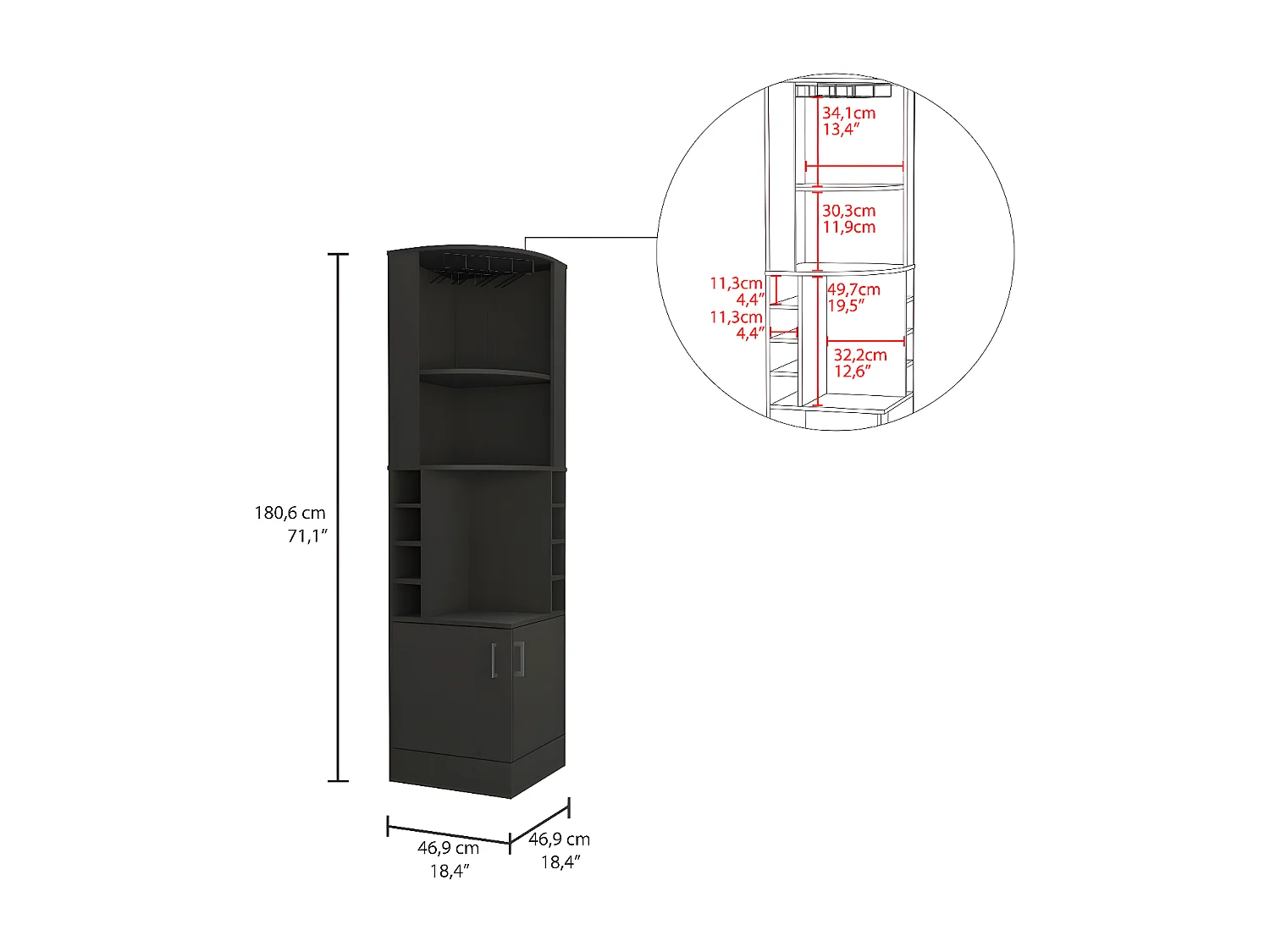 Meubles d'angle Kava Beijing, 180 cm à x 46,9 cm P x 46,9 cm et Wengue
