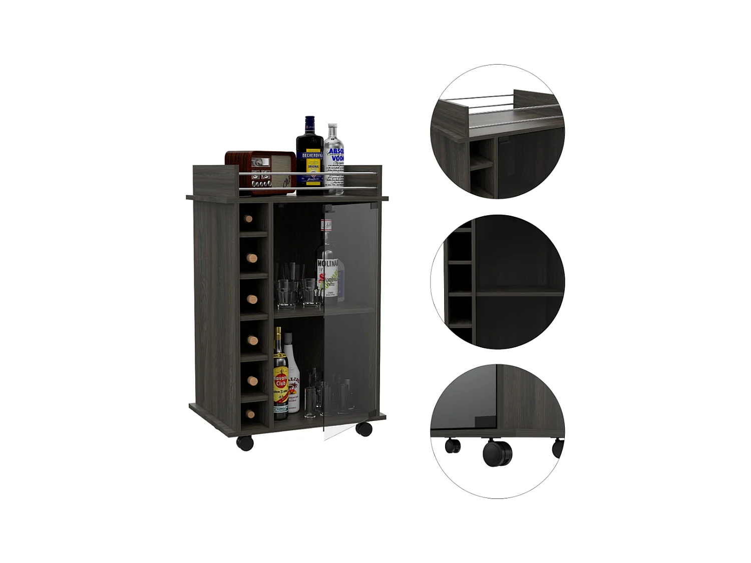 Carrello da bar Dukat, con ruote e porta in vetro 89CM L X 55CM P X 41,5CM P Carbone