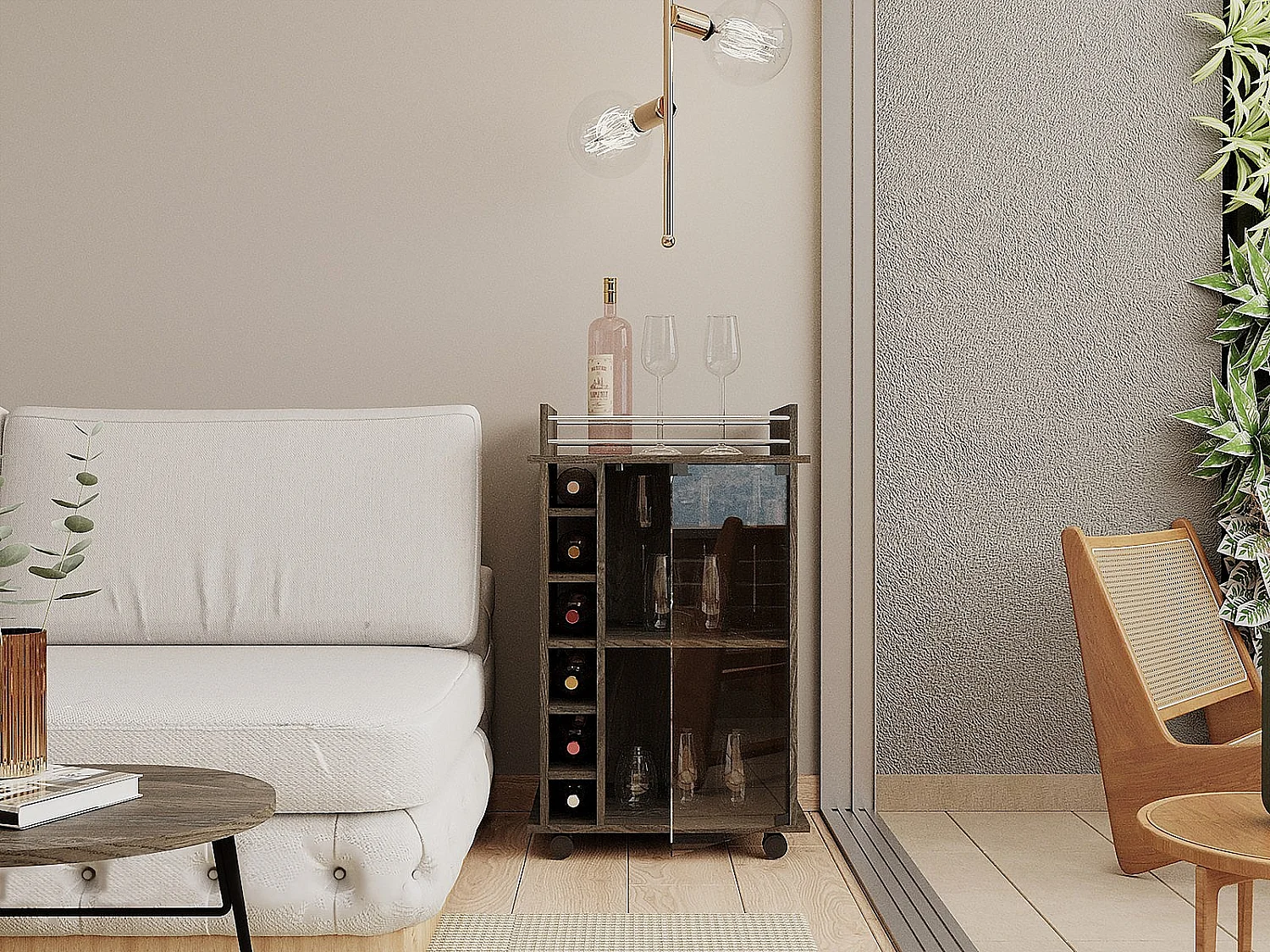 Carrello bar Dukat da 55 cm con anta in vetro, portabottiglie e ruote, grigio antracite