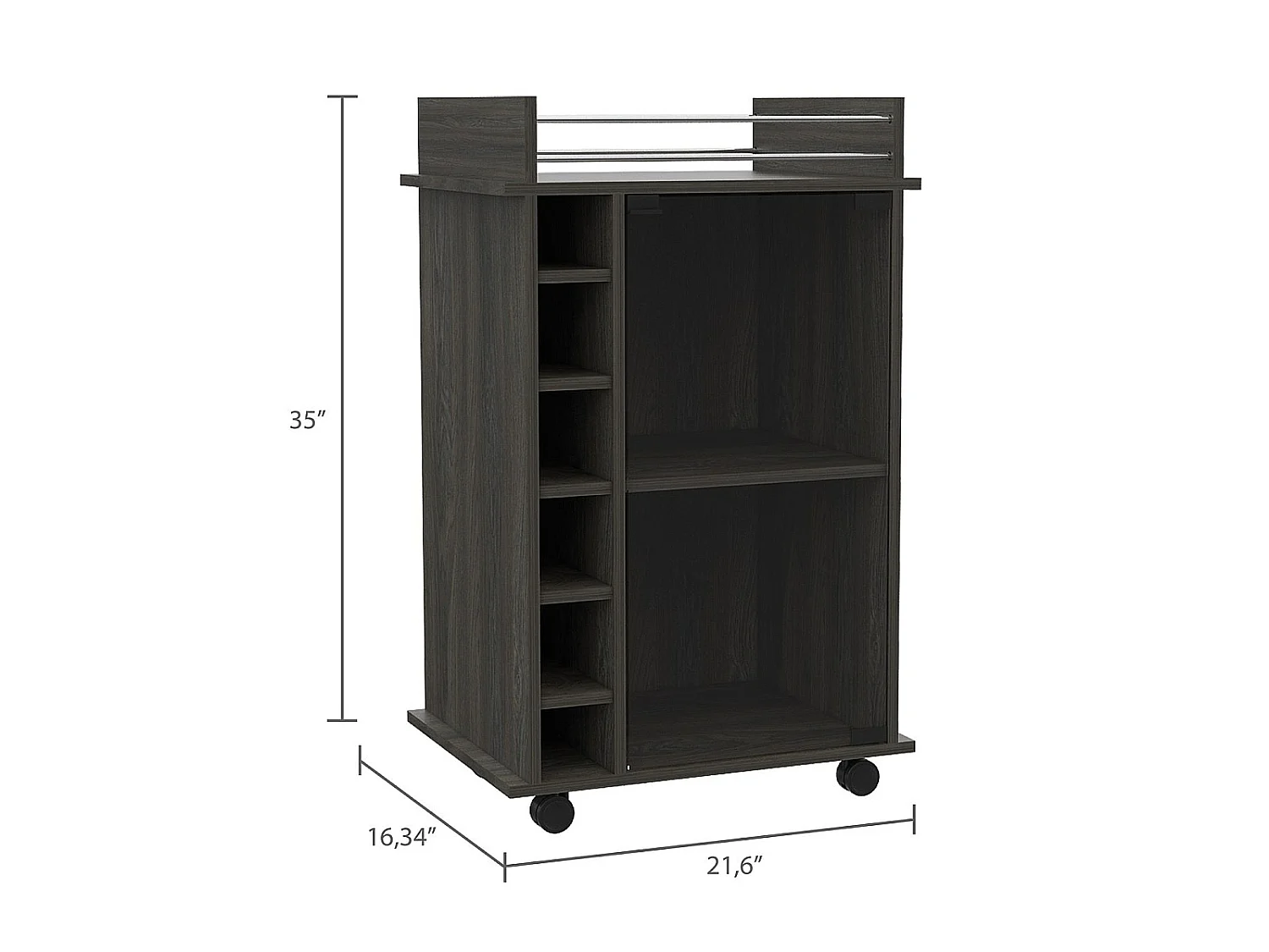 Carrello bar Dukat da 55 cm con anta in vetro, portabottiglie e ruote, grigio antracite