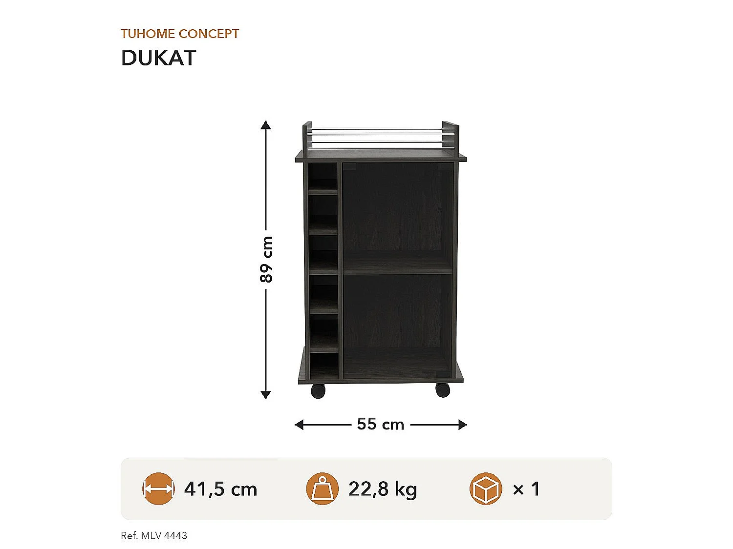 Carrello bar Dukat da 55 cm con anta in vetro, portabottiglie e ruote, grigio antracite