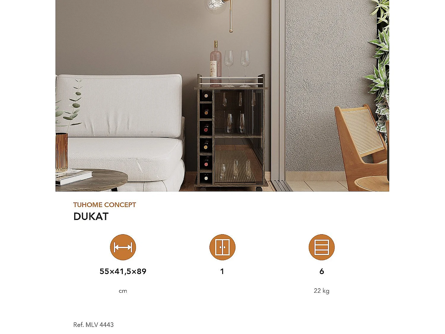 Carrello bar Dukat da 55 cm con anta in vetro, portabottiglie e ruote, grigio antracite