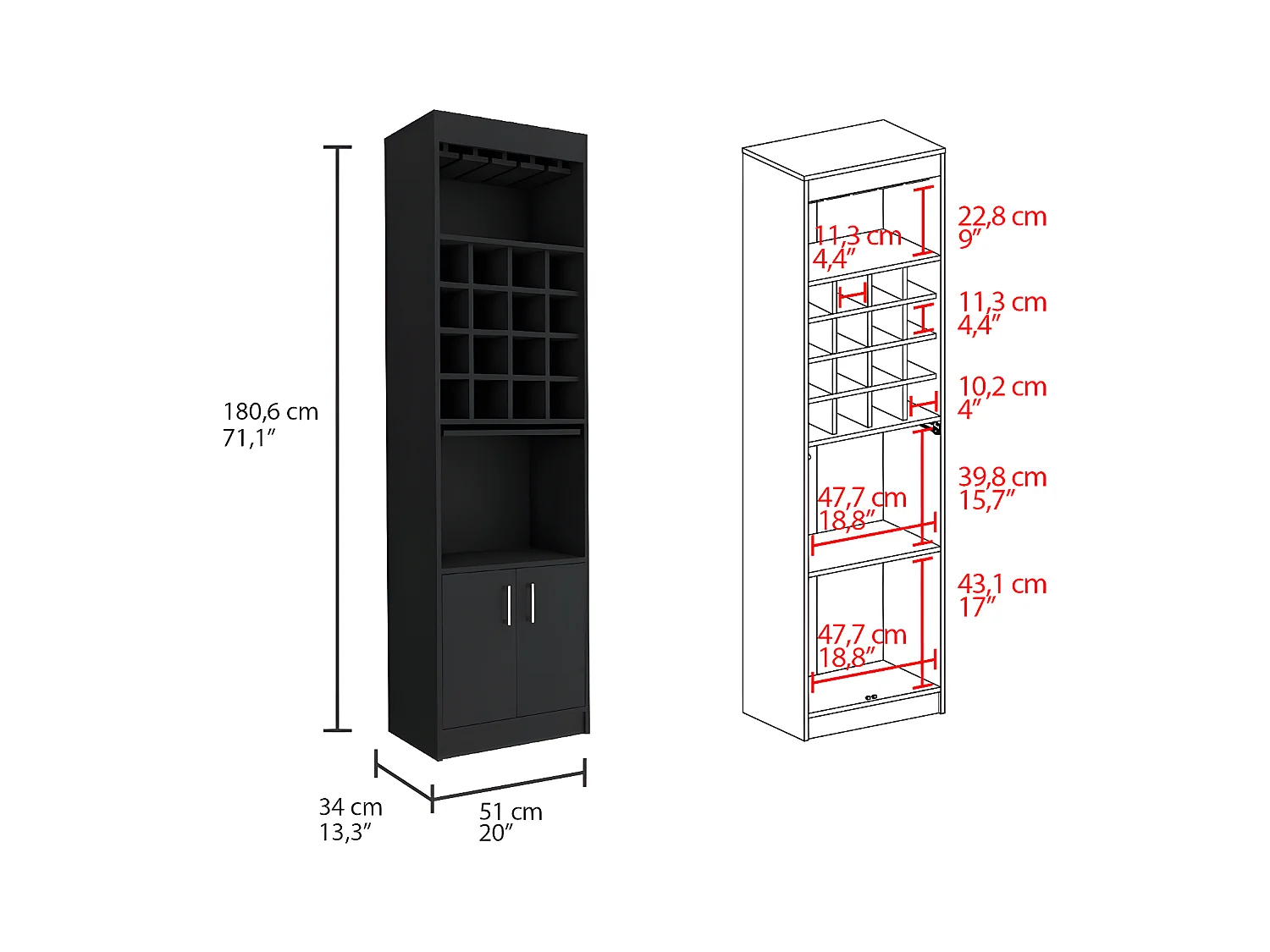 Kava Beijing Bar Cabbage avec table extensible, 180 cm à x 34 cm P x 51 cm et Wengue