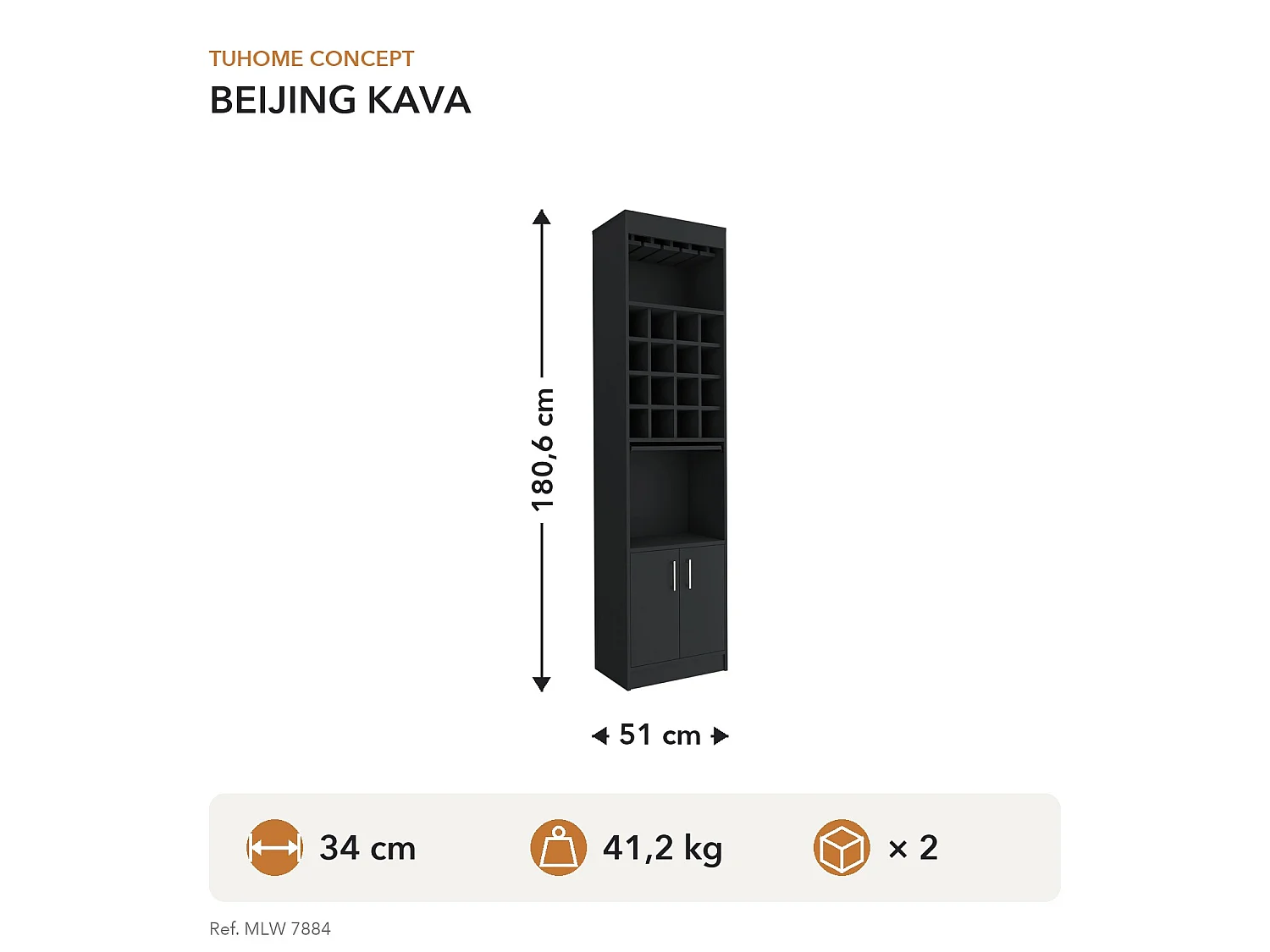 TUHOME CONCEPT Mobile bar Beijing Kava da 181 cm, wengé