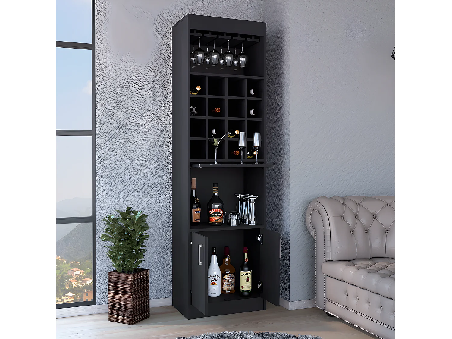 Armário bar Kava Beijing com mesa extensível, 180.59 cm X 50.8 cm X 33.78 cm , Preto