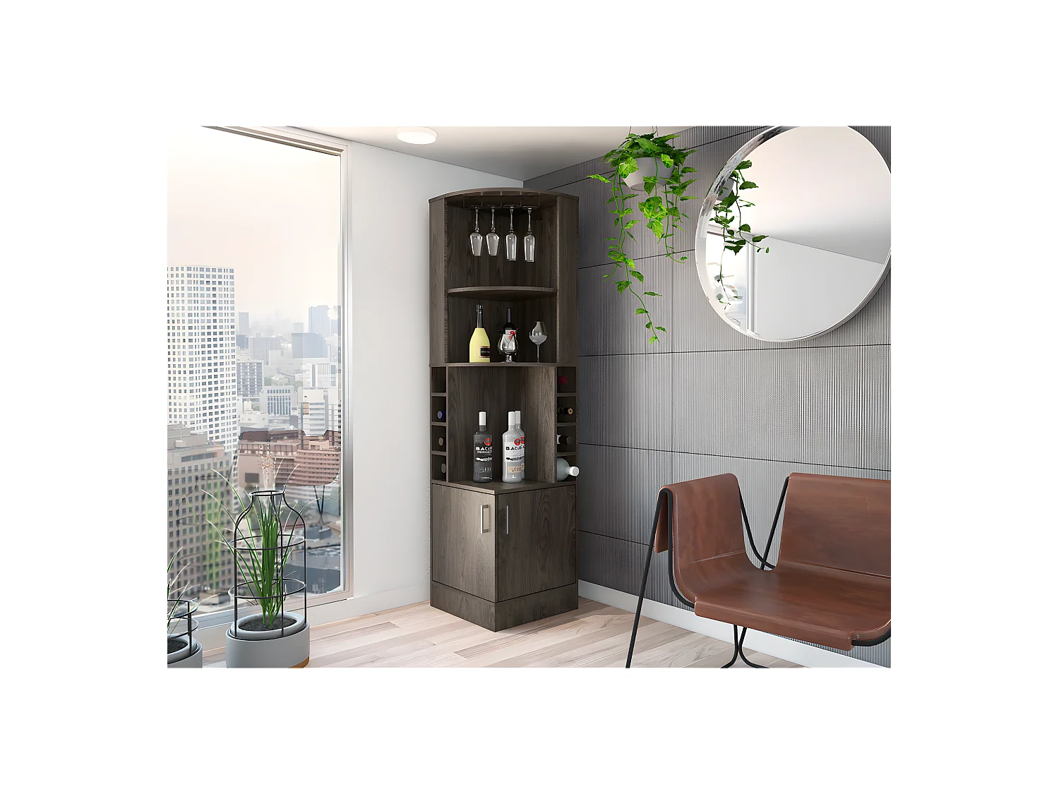 Syrah Corner Bar avec soutien pour les tasses, 180,6 cm à x 46,9 cm P x 46,9 cm et Cognac