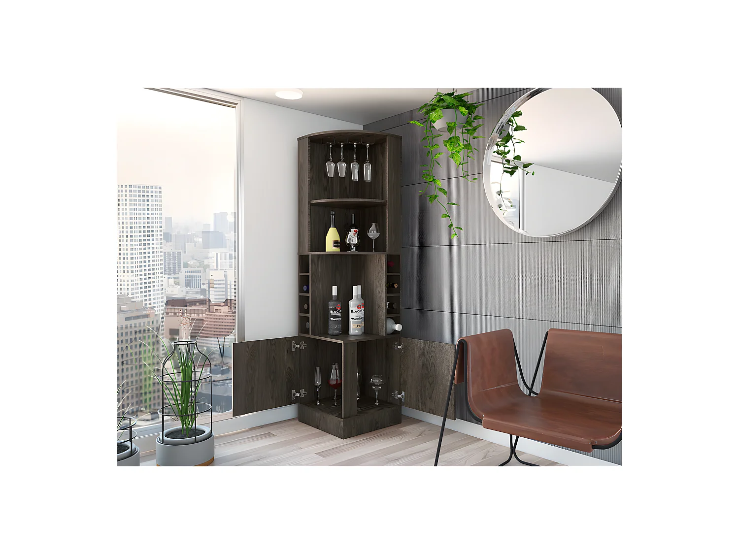 Syrah Corner Bar avec soutien pour les tasses, 180,6 cm à x 46,9 cm P x 46,9 cm et Cognac