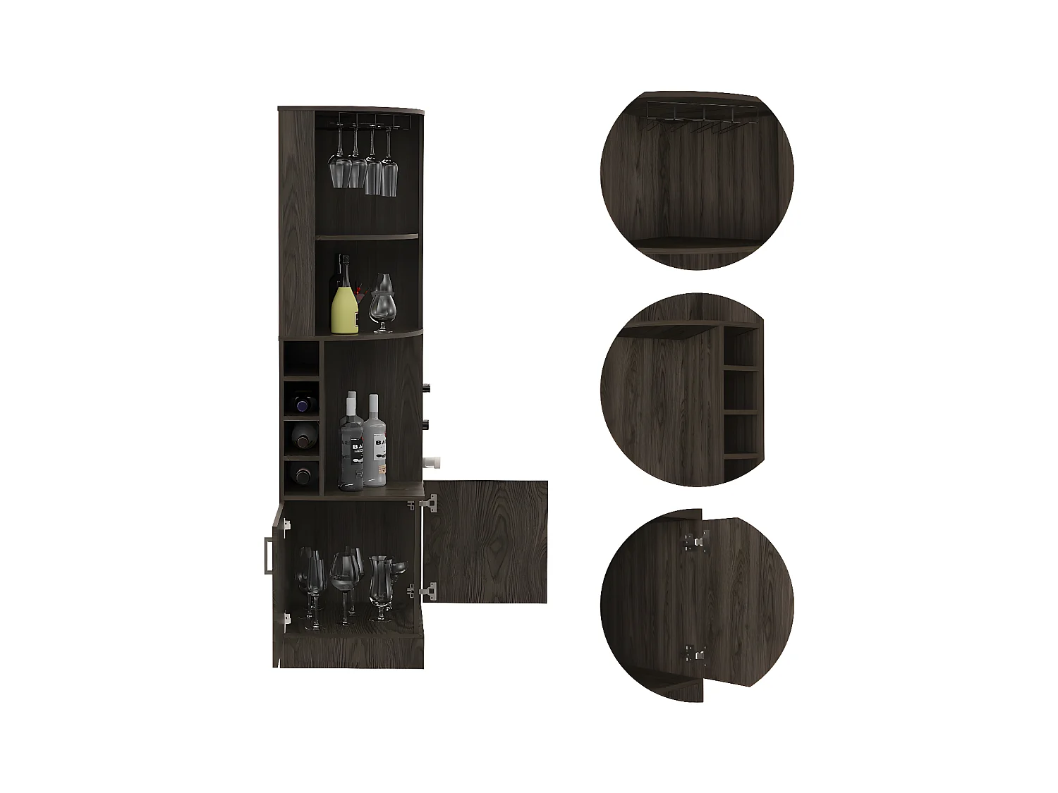 Syrah Corner Bar avec soutien pour les tasses, 180,6 cm à x 46,9 cm P x 46,9 cm et Cognac