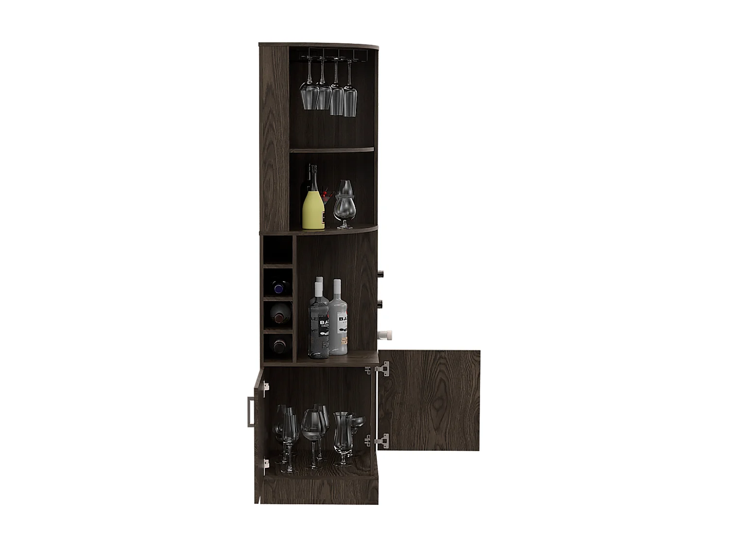 Syrah Corner Bar avec soutien pour les tasses, 180,6 cm à x 46,9 cm P x 46,9 cm et Cognac