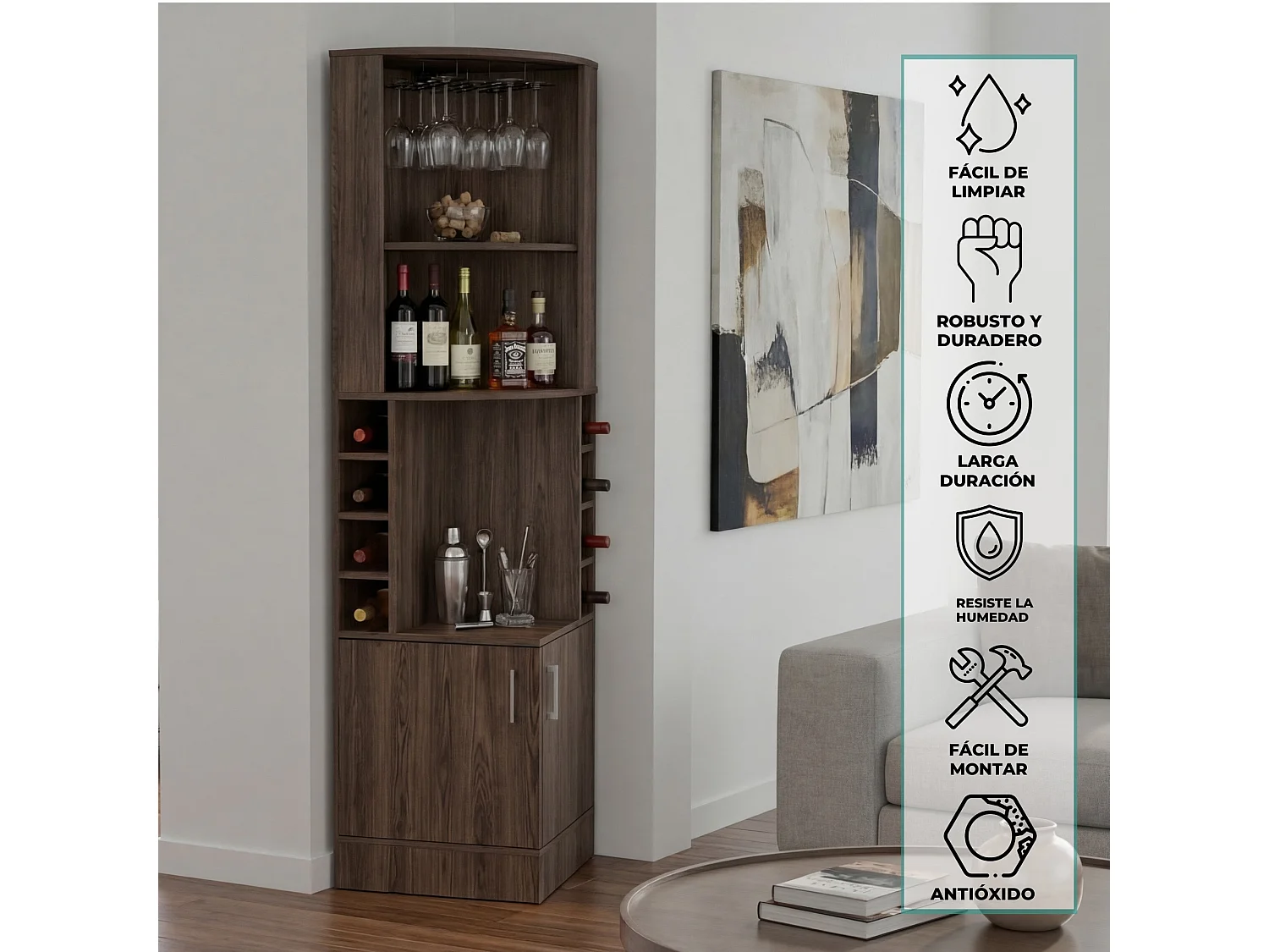 TUHOME CONCEPT Mueble bar esquinero Syrah de 181 cm, coñac