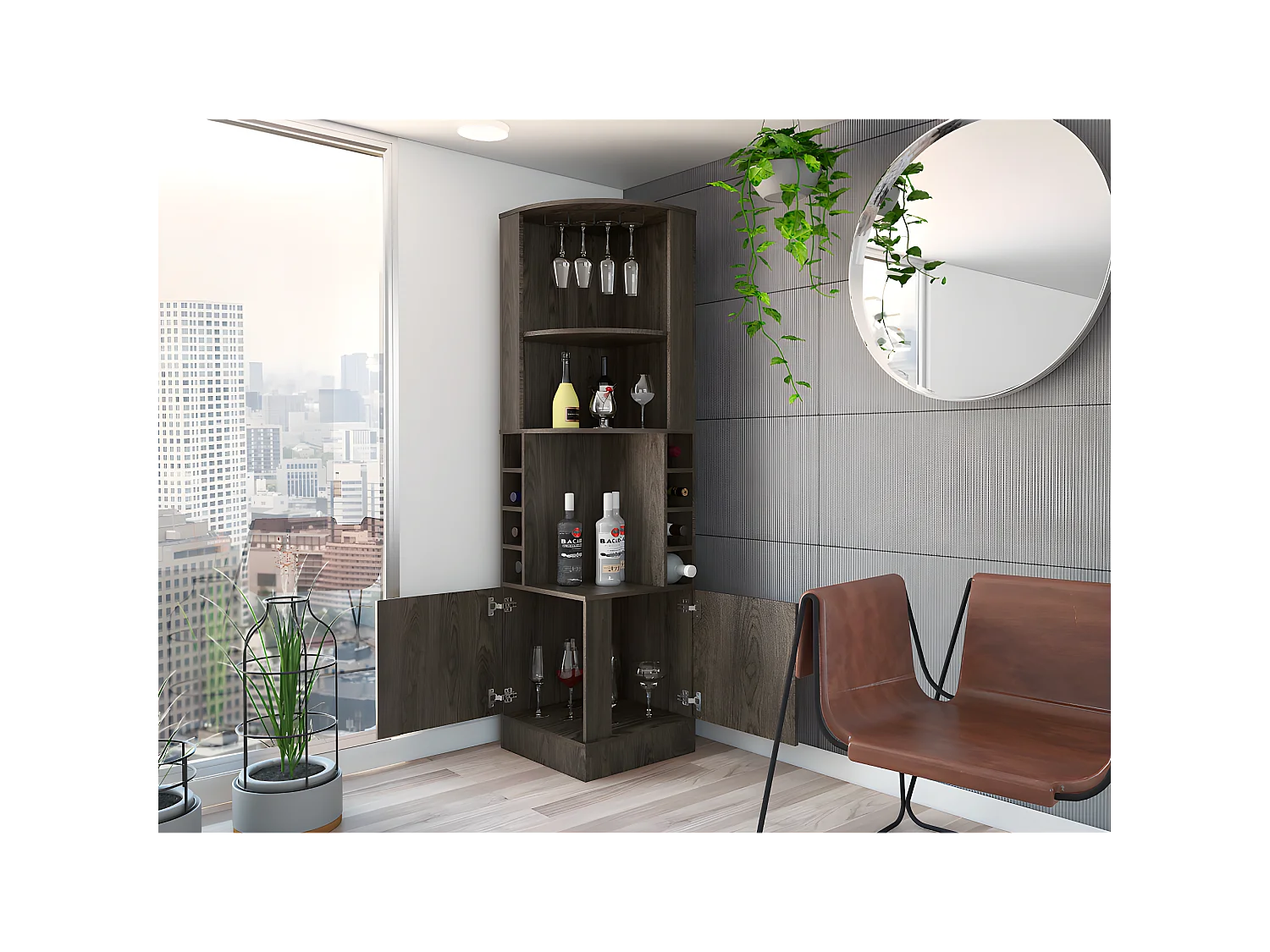 Syrah Corner Bar avec soutien pour les tasses, 180,6 cm à x 46,9 cm P x 46,9 cm et Cognac