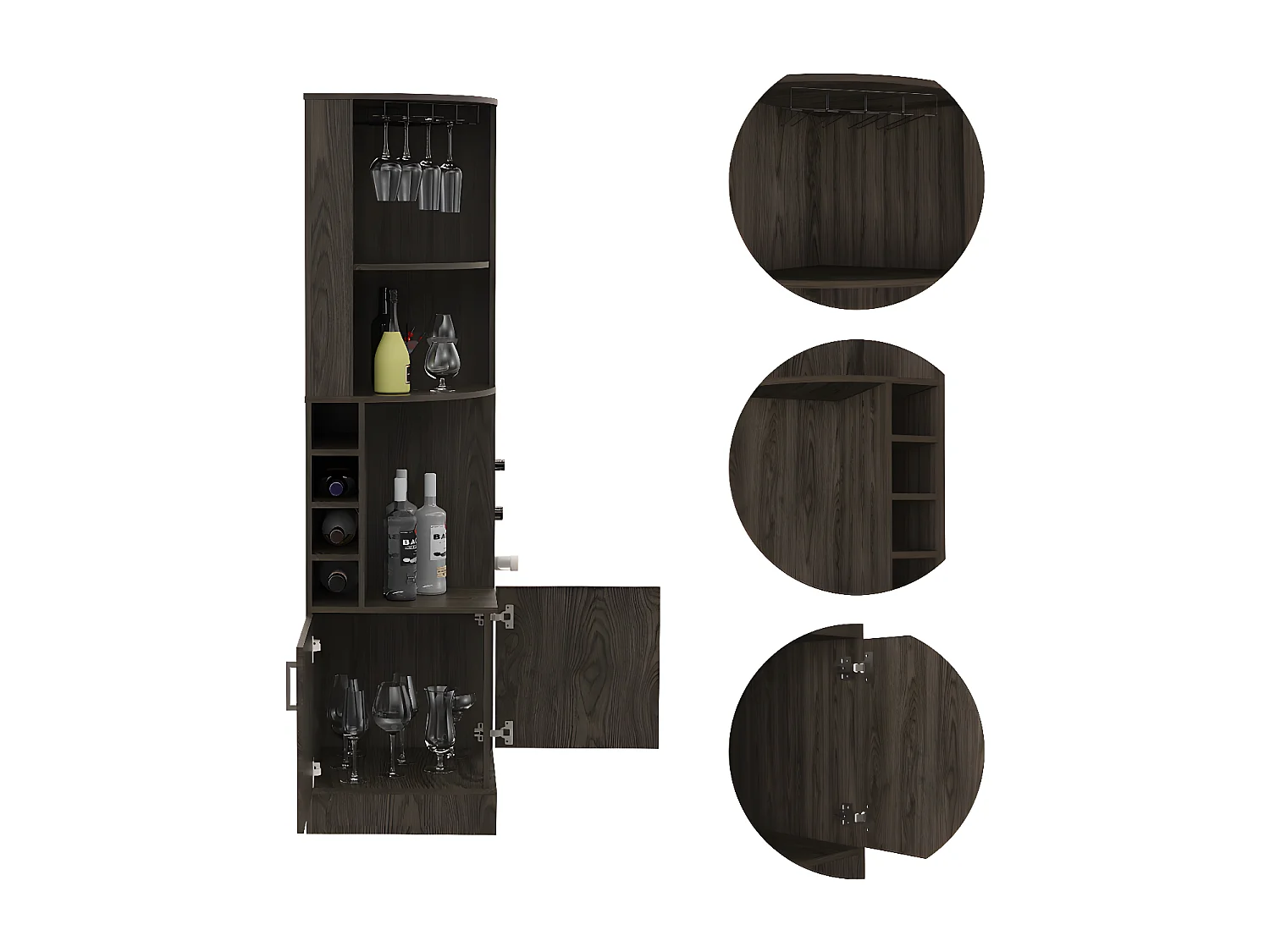 Syrah Corner Bar avec soutien pour les tasses, 180,6 cm à x 46,9 cm P x 46,9 cm et Cognac