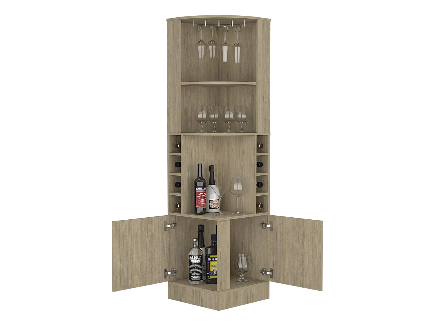 Mueble bar esquinero Kava Beijing de 181 cm con botellero, portacopas y 2 puertas, roble claro